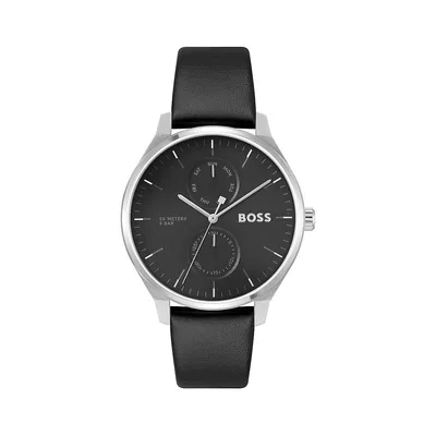 Tyler Stainless Steel and Black Leather Strap Calendar Watch 1514102