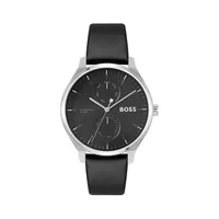 Tyler Stainless Steel and Black Leather Strap Calendar Watch 1514102