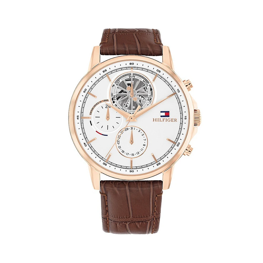 Ionic Rose Goldplated Stainless Steel & Leather Strap Multifunction Watch 1710606