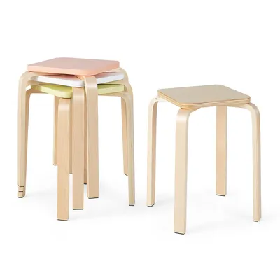 Set Of 4 Colorful Square Stools Stackable Wood Stools With Anti-slip Felt Mats