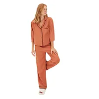 Women Plain Medium Woven Shirt-trousers Pajama Set