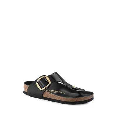 Gizeh Big Buckle High Shine Leather Toe-Thong Slide Sandals