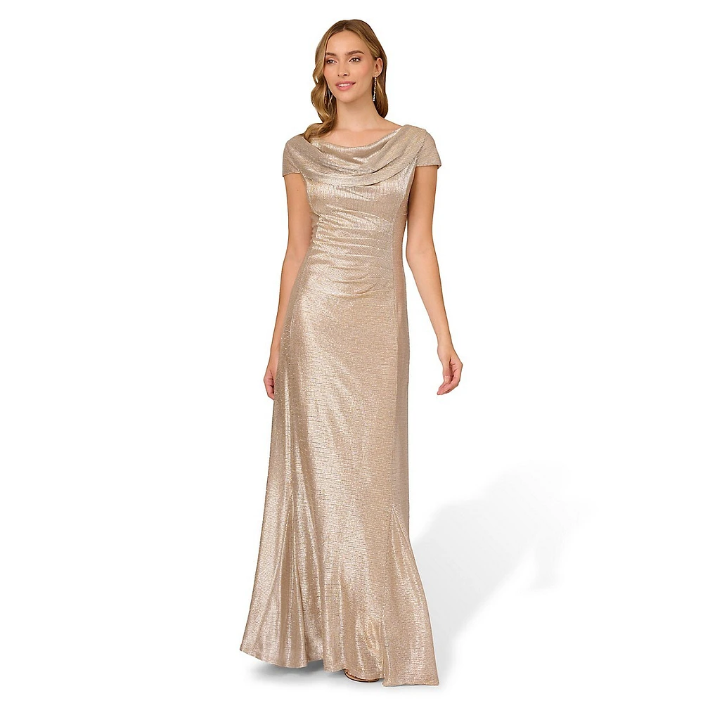 Cowl-Neck Metallic Knit Gown