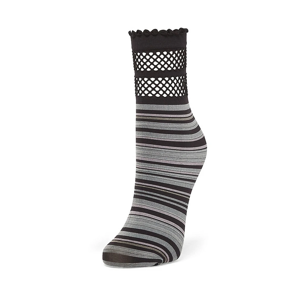 Women's Fishnet-Topped & Striped Anklet Socks