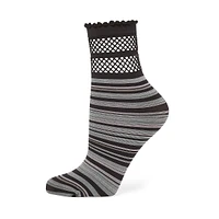 Women's Fishnet-Topped & Striped Anklet Socks