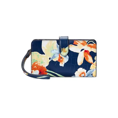 Croc-Embossed Floral Leather Tech Wristlet