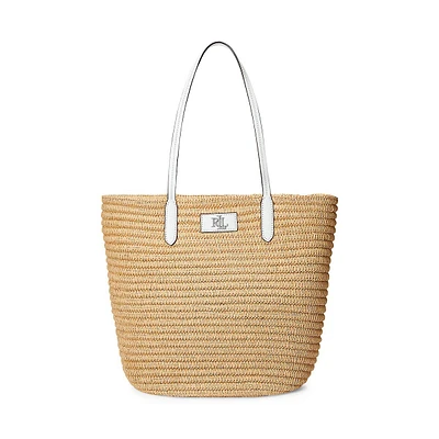 Brie Leather-Trim Large Straw Tote