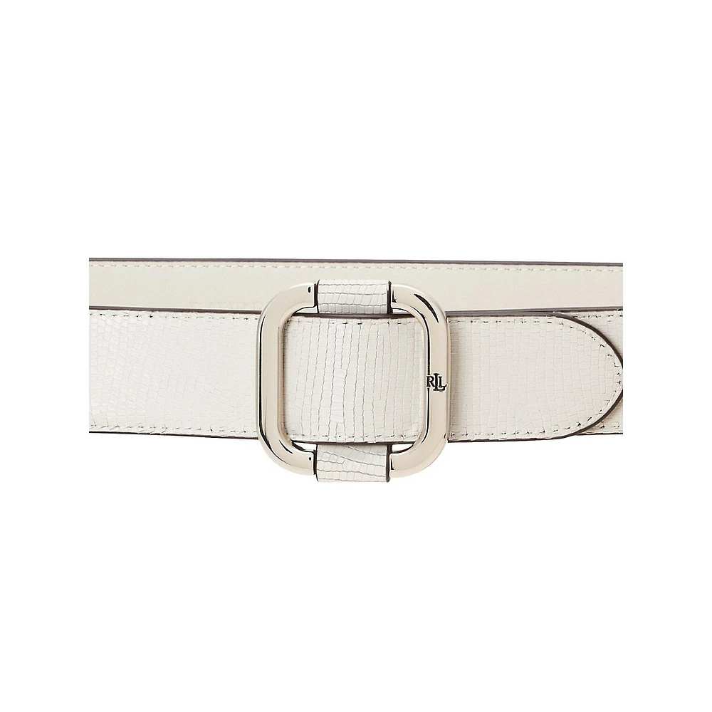 Slide-Buckle Lizard-Embossed Leather Belt