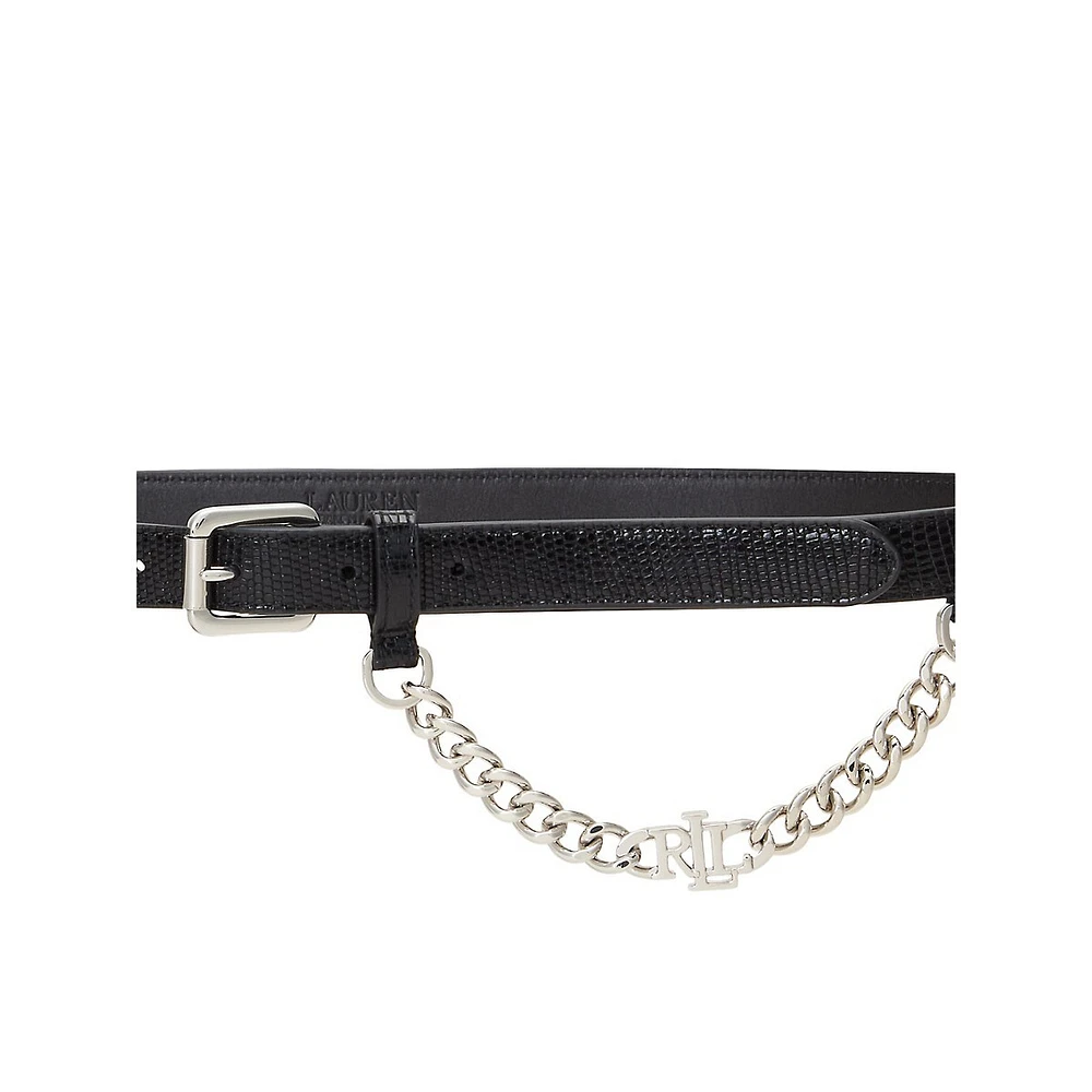 Logo-Chain Lizard-Embossed Leather Skinny Belt