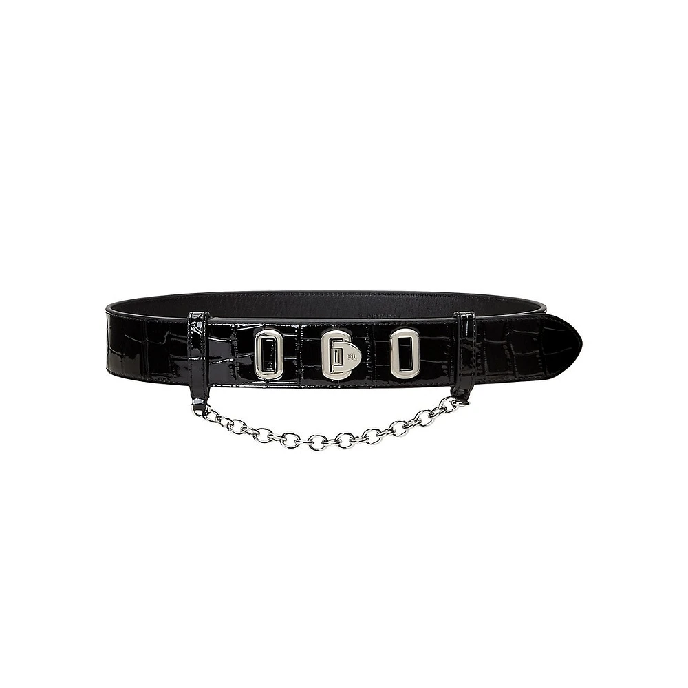Croc-Embossed Patent Leather & Chain Belt