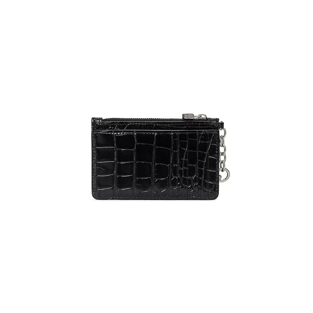 Croc-Embossed Top-Zip Leather Card Case