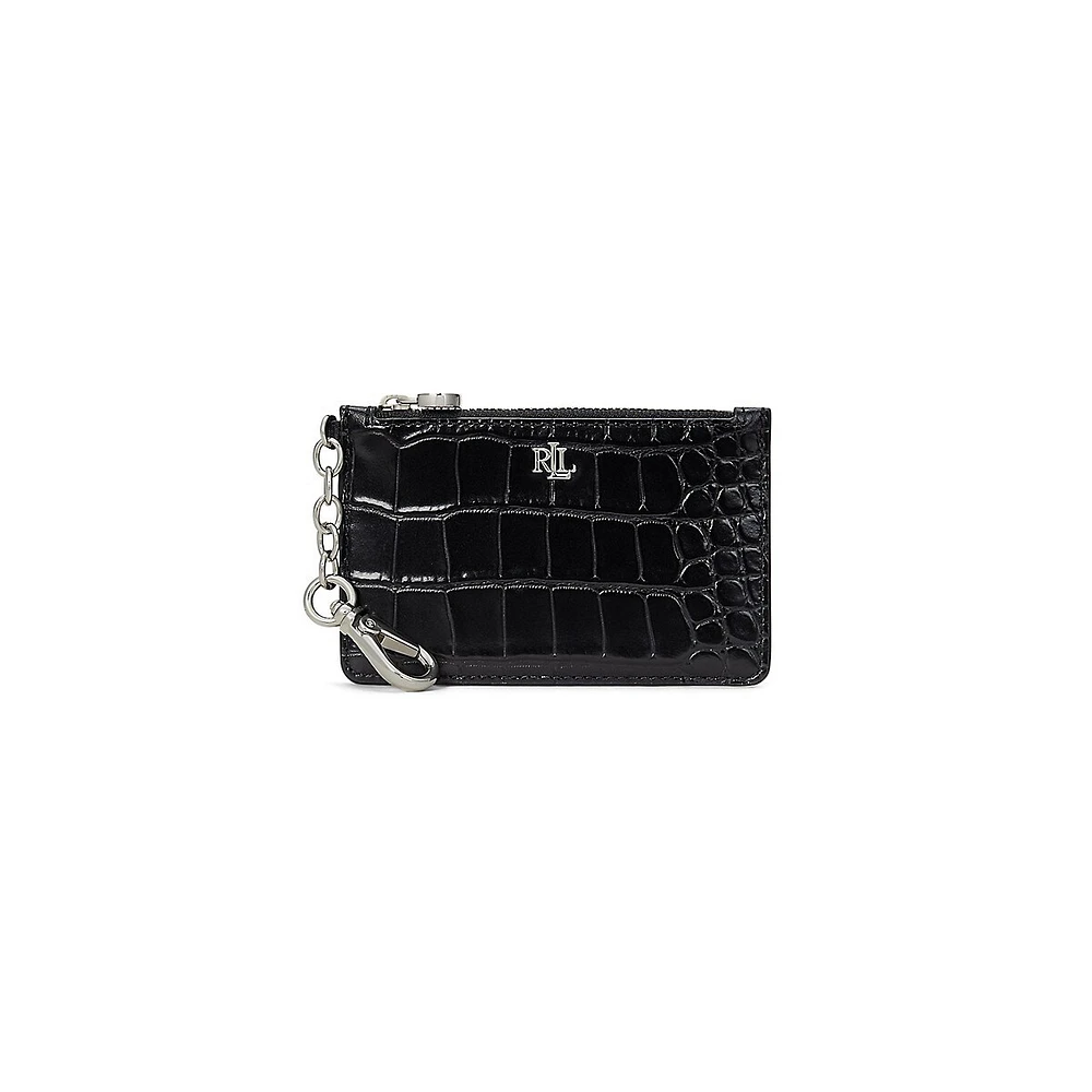 Croc-Embossed Top-Zip Leather Card Case