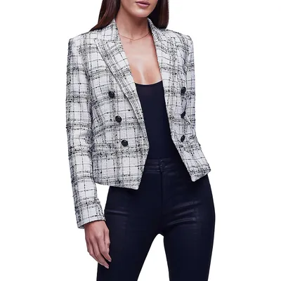 Brooke Double-Breasted Plaid Cropped Blazer