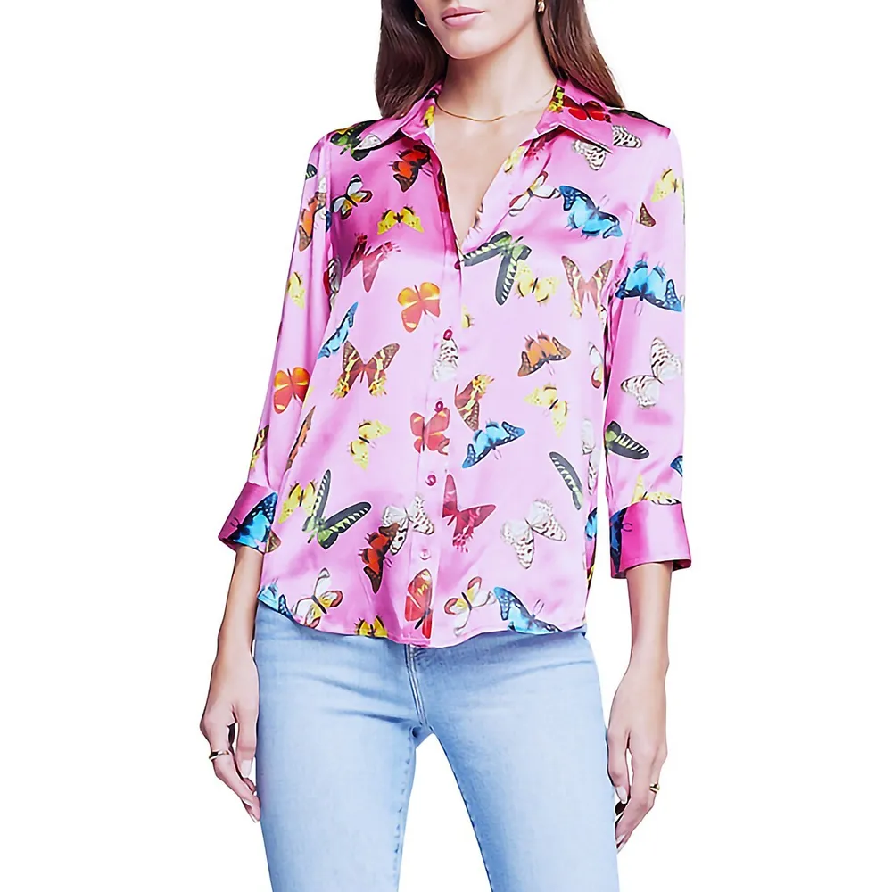 Dani Butterfly-Print Silk Charmeuse Blouse