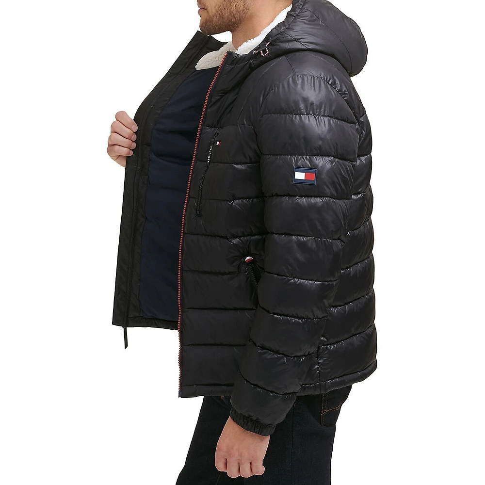 Channel-Quilted & Faux Shearling-Lined Hood Puffer Jacket