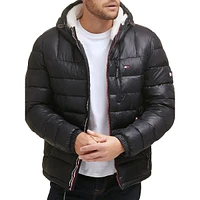 Channel-Quilted & Faux Shearling-Lined Hood Puffer Jacket