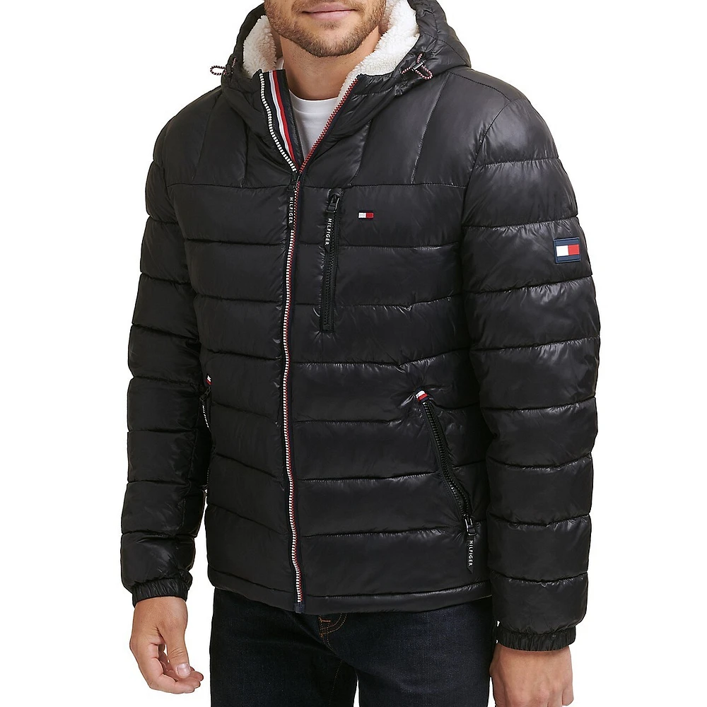 Channel-Quilted & Faux Shearling-Lined Hood Puffer Jacket