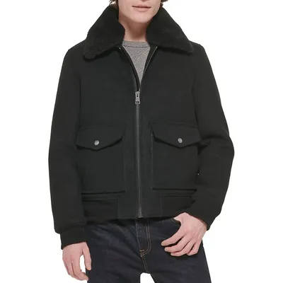 Faux Shearling Collar Military Bomber