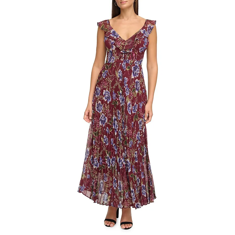 Ruffled V-Neck Pleated-Skirt Maxi Dress