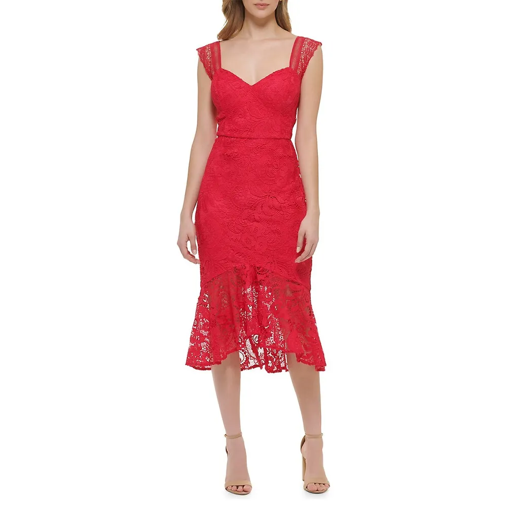 Sweetheart Neckline High-Low Lace Midi Dress