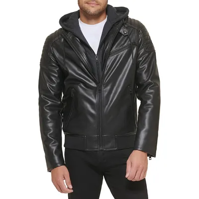 Faux Leather Detachable-Hood Jacket