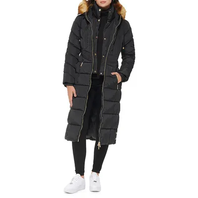 Faux-Fur-Lined-Hood Longline Puffer Jacket