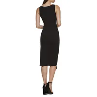 Highneck Sleeveless Side-Twist Knit Crepe Midi Dress