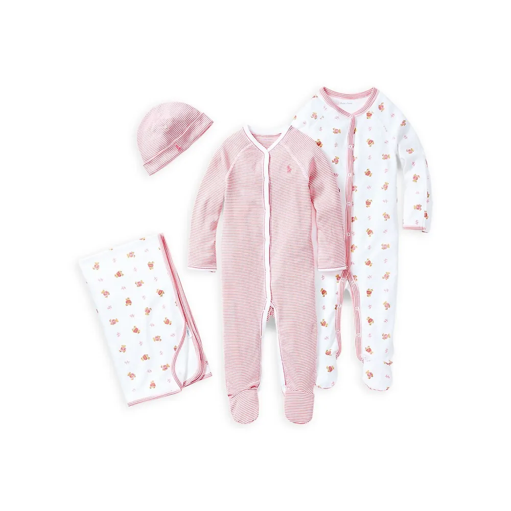Baby Girl's Bear-Print Cotton Coverall