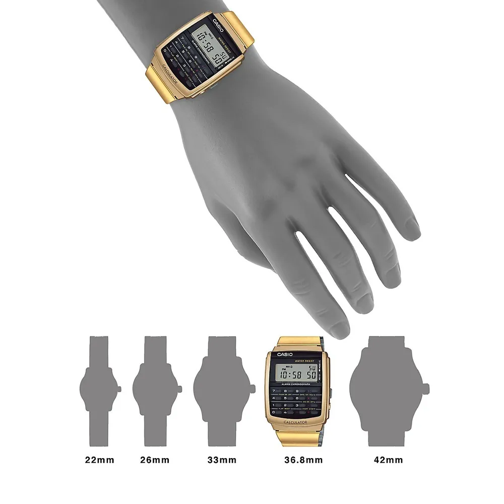 Montre-bracelet numérique dorée de style rétro avec calculatrice