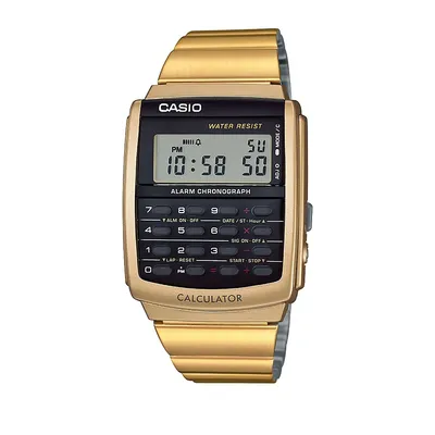 Montre-bracelet numérique dorée de style rétro avec calculatrice