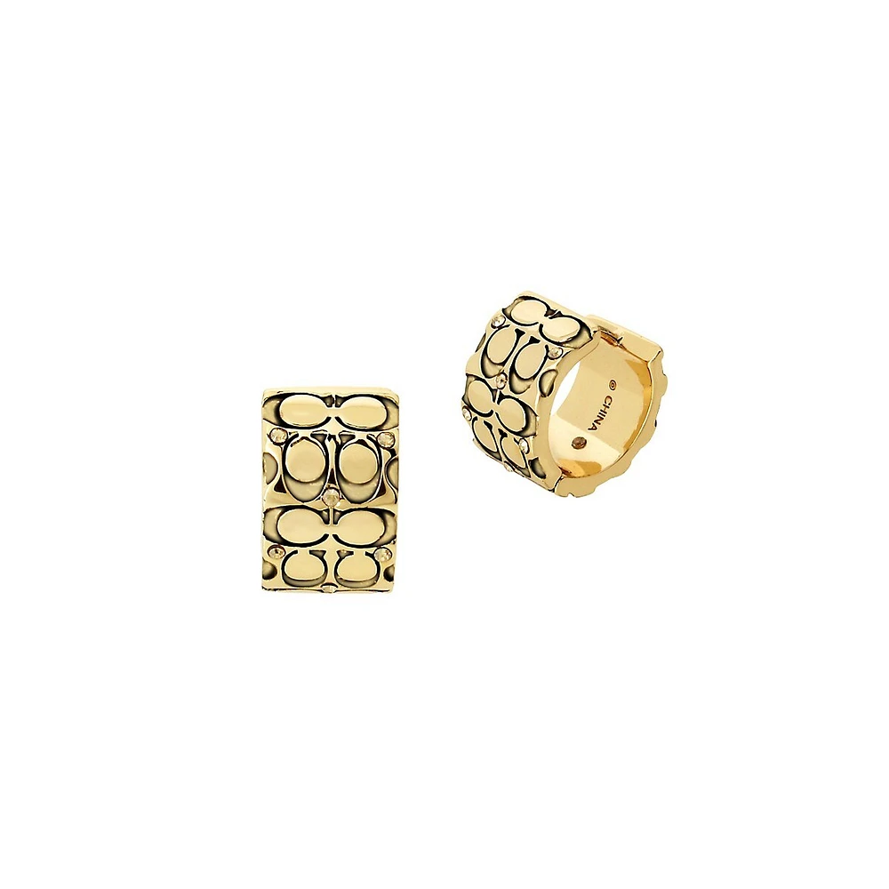 Quilted C Goldtone & Crystal Huggie Earrings