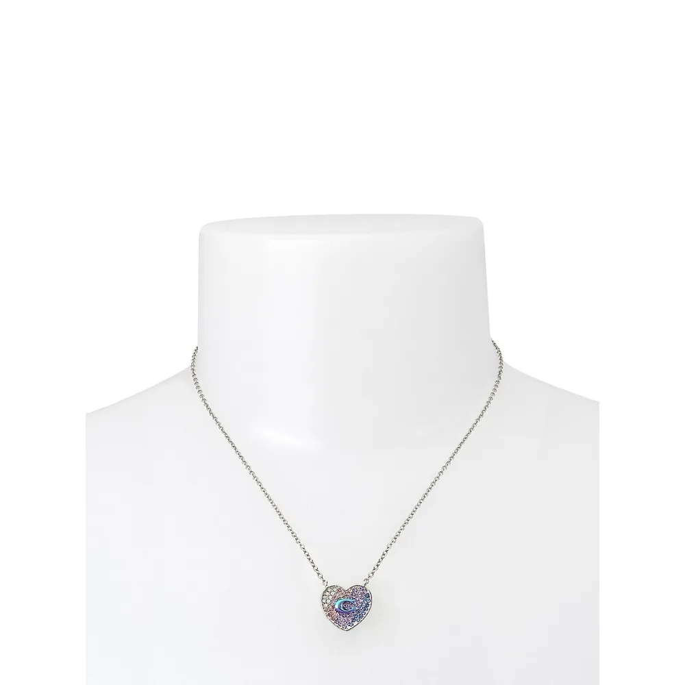 Silvertone & Glass Crystal C Pavé Heart Pendant Necklace