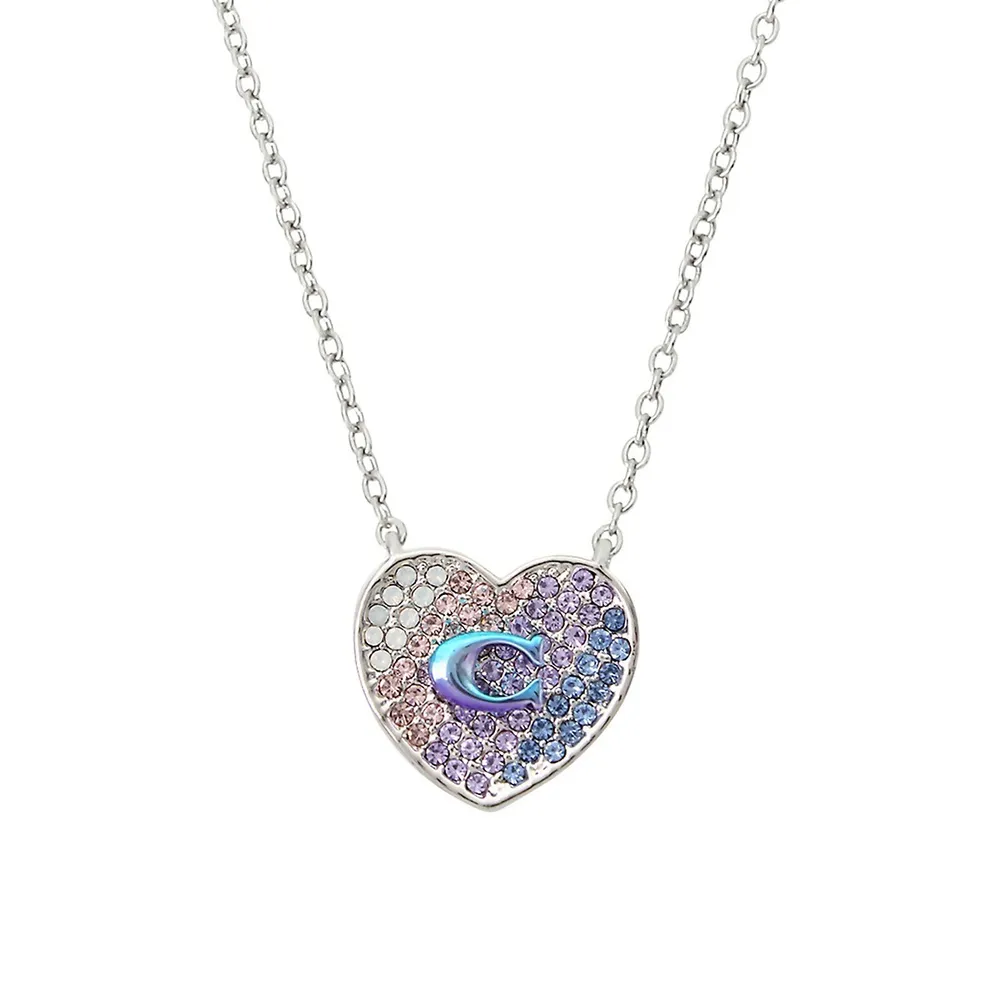 Silvertone & Glass Crystal C Pavé Heart Pendant Necklace