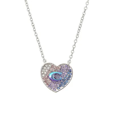 Silvertone C Pave Heart Pendant Necklace