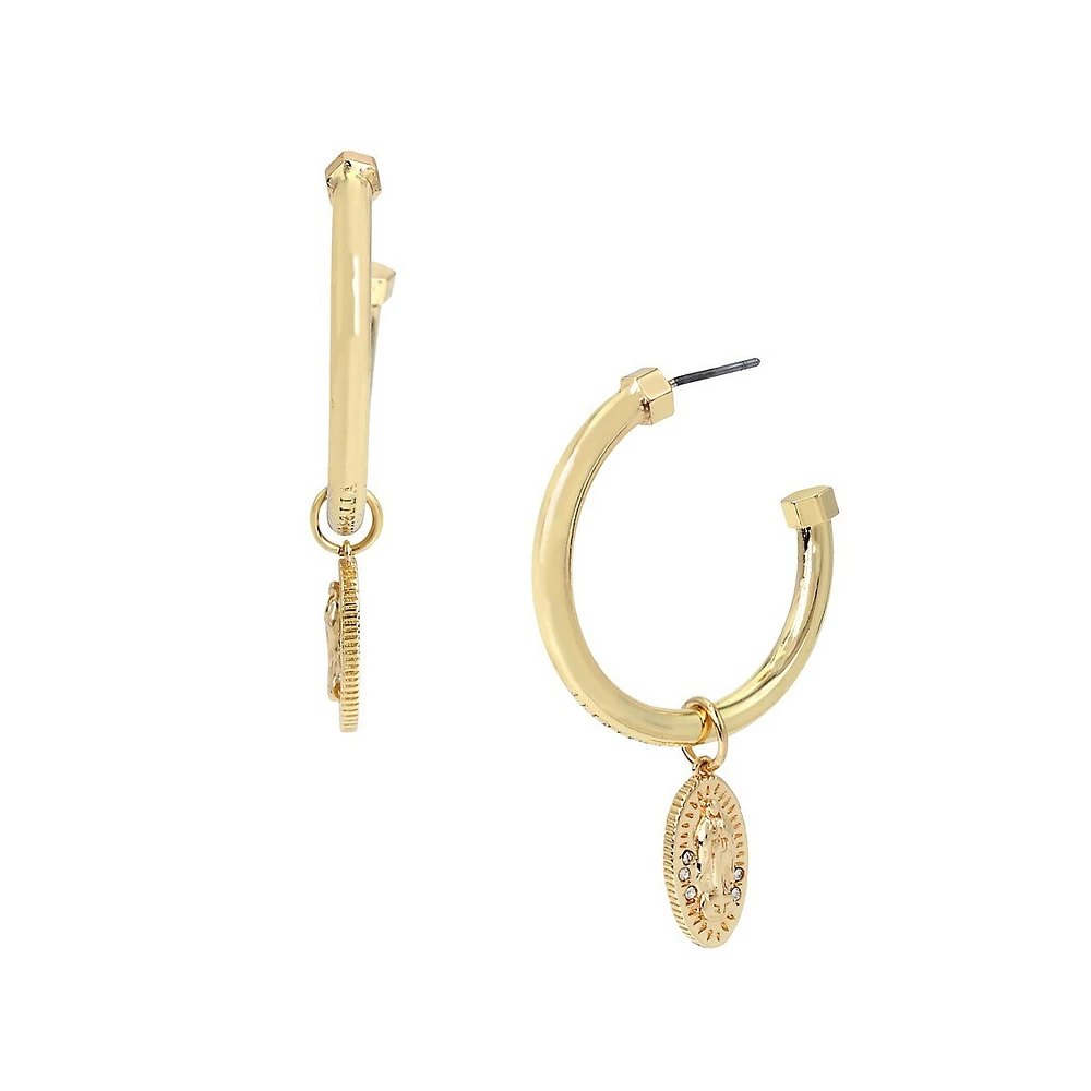 Goldtone Saint Charm Open Hoop Earrings