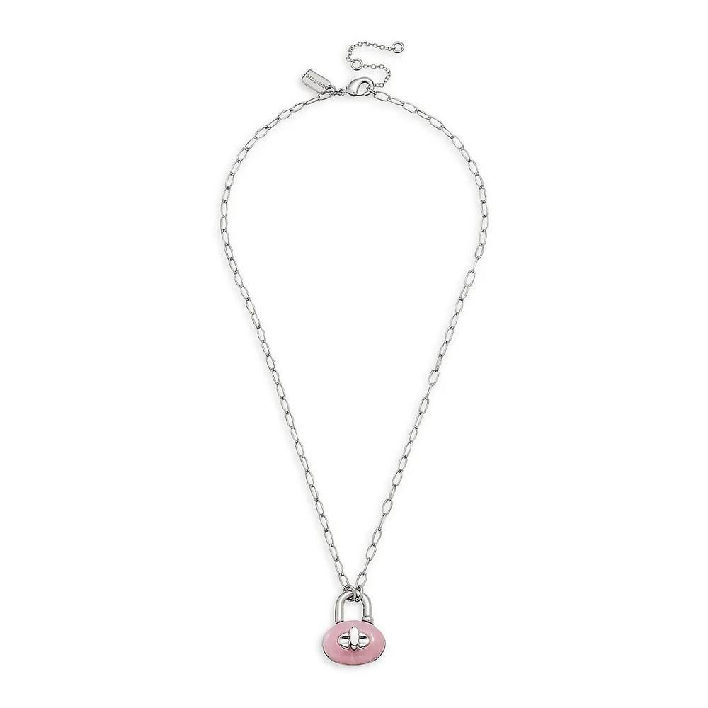 Silvertone & Pink Resin Turnlock Pendant Necklace