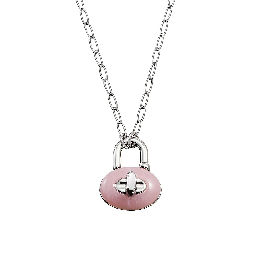 Collier argenté avec pendentif à fermoir pivotant en résine rose