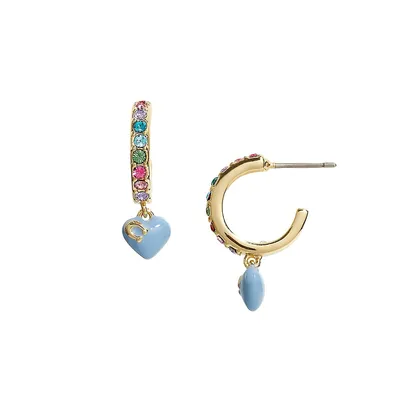 Goldtone & Multicolour Pavé Heart Charm Huggie Earrings