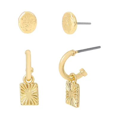 Goldtone 2-Piece Textured Stud & Huggie Earring Set