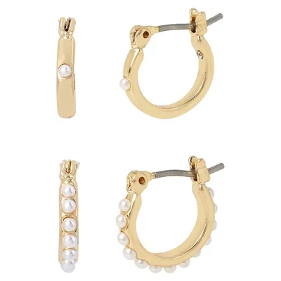 2-Pair Goldtone Faux-Pearl Huggie Earrings Set