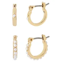 2-Pair Goldtone Faux-Pearl Huggie Earrings Set
