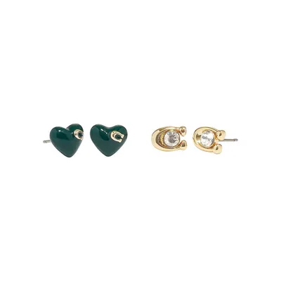 Signature 2-Pair Goldtone & Glass Crystal Heart Earring Set