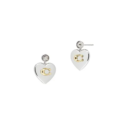 Signature Two-Tone & Glass Crystal Heart Drop Earrings