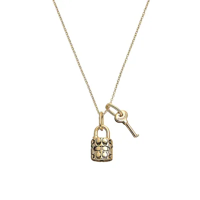 Goldtone & Glass Crystal Quilted Padlock & Key Pendant Necklace