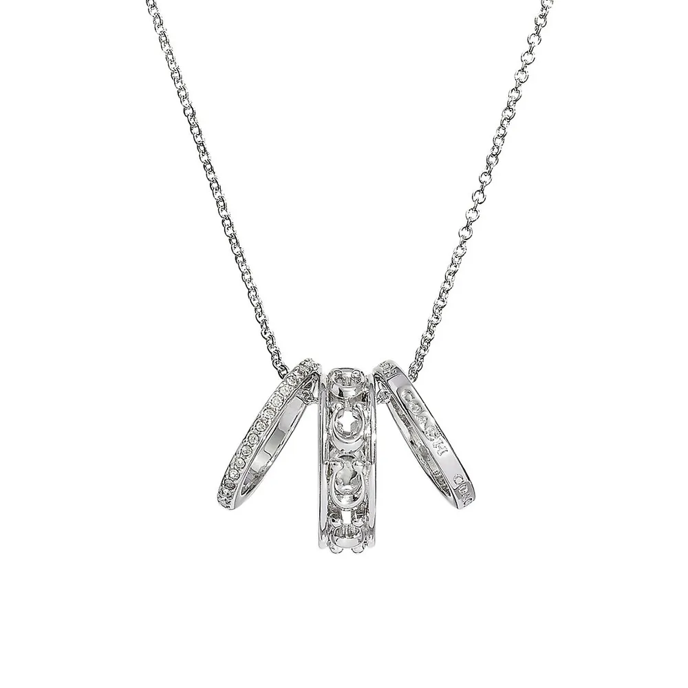 Silvertone Openwork Rings Crystal Pendant Necklace