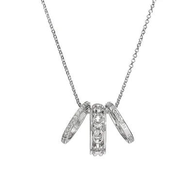 Silvertone Openwork Rings Crystal Pendant Necklace