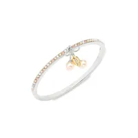 Rhodium-Plated, Faux Pearl & Crystal Cherry Charm Bangle Bracelet