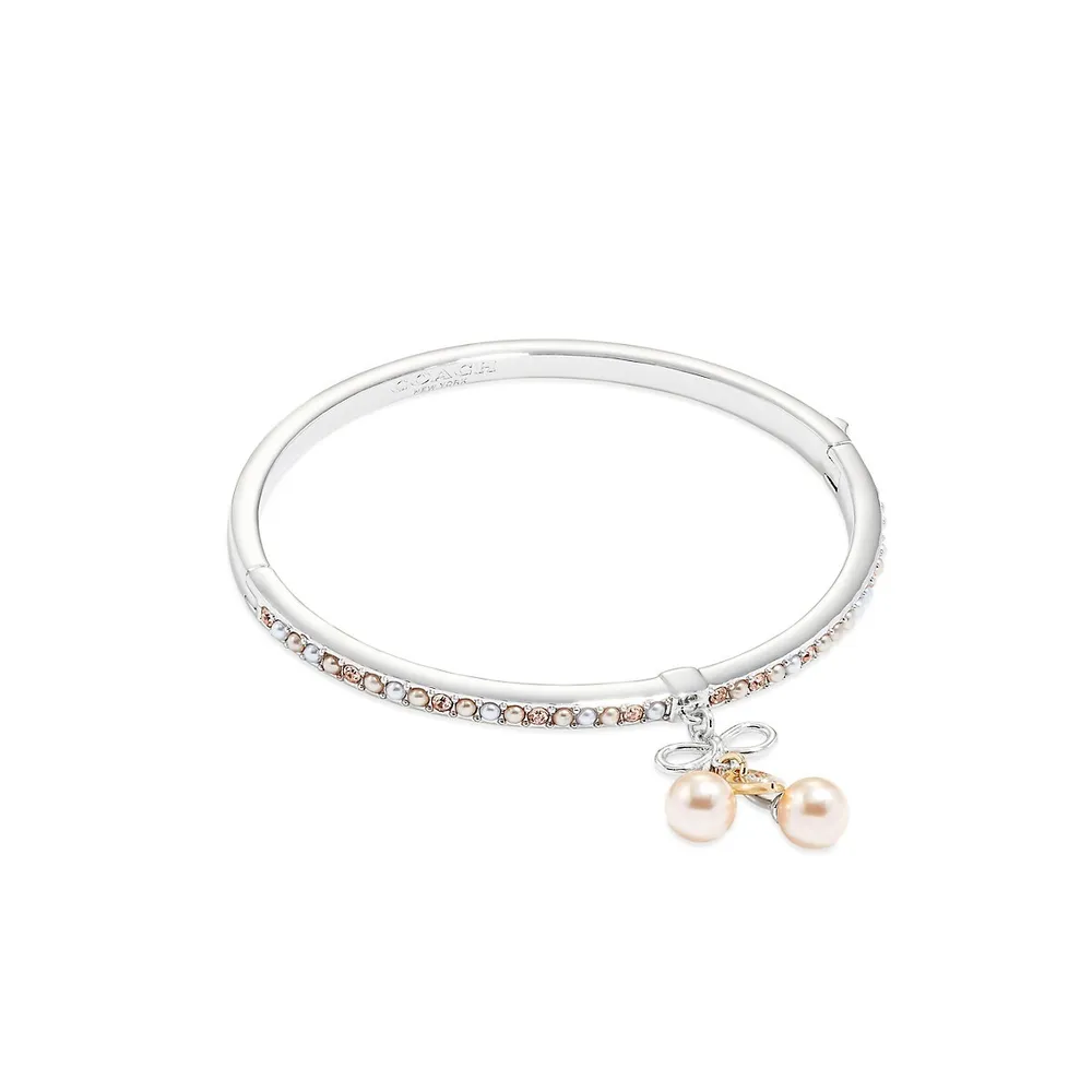 Rhodium-Plated, Faux Pearl & Crystal Cherry Charm Bangle Bracelet