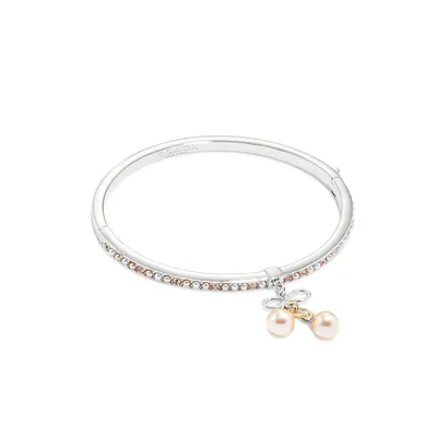 Rhodium-Plated, Faux Pearl & Crystal Cherry Charm Bangle Bracelet