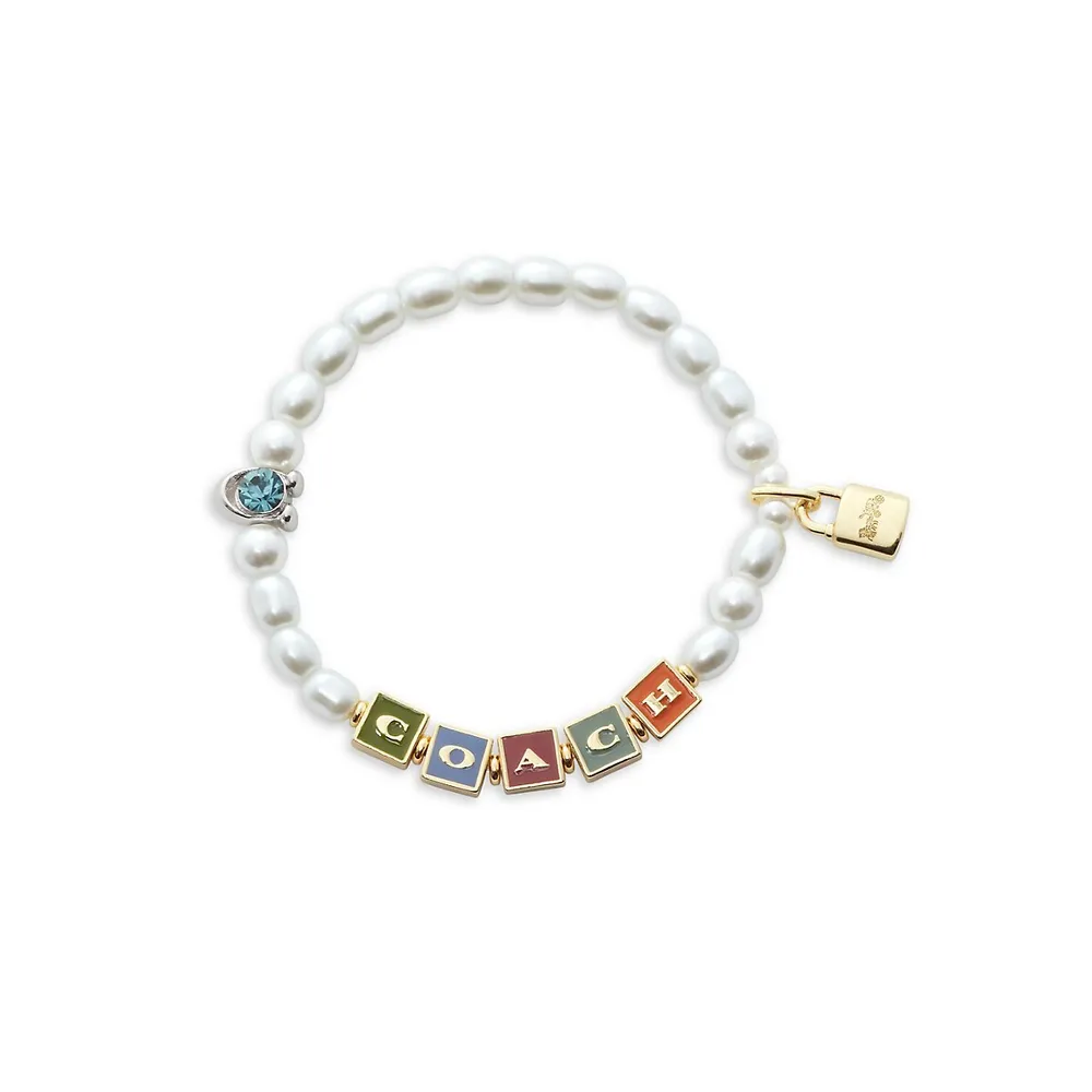 Goldtone & Faux Pearl Block Letter Logo Stretch Bracelet